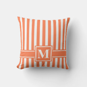 Coral Modern Stripe with Monogram Cushion