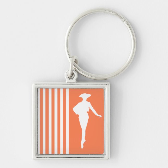 Coral Modern Stripes with Fashion Silhouette Key Ring (Front)