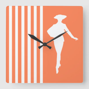 Coral Modern Stripes with Fashion Silhouette Square Wall Clock