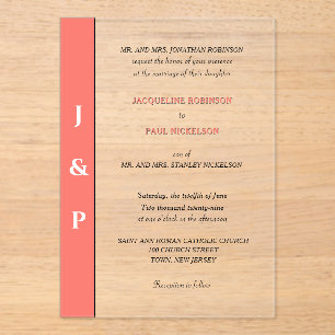 Coral Monogram Bride and Groom Clear Acrylic Invitations