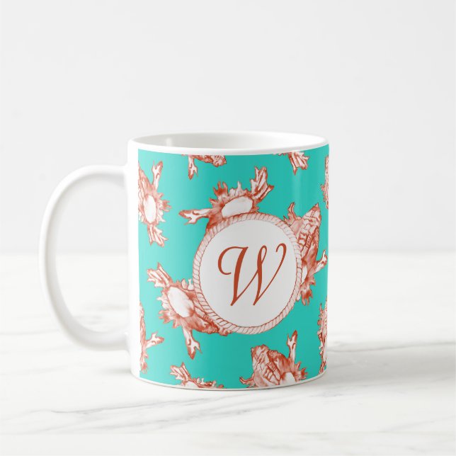 Coral Monogram Conch Shell on Turquoise Coffee Mug (Left)