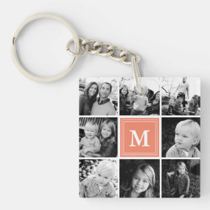 Coral Monogram Family Photo Collage Key Ring