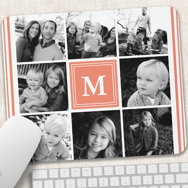Coral Monogram Family Photo Collage Mouse Mat (Creator Uploaded)