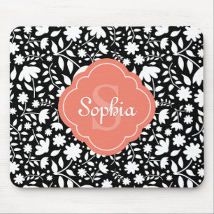 Coral Monogram Quatrefoil Black Floral Pattern Mouse Mat