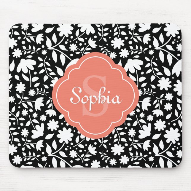 Coral Monogram Quatrefoil Black Floral Pattern Mouse Mat (Front)