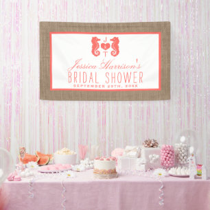Coral Monogram Seahorse Beach Burlap Bridal Shower Banner