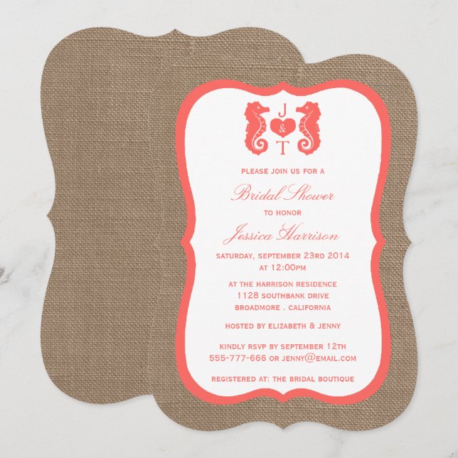 Coral Monogram Seahorse Beach Burlap Bridal Shower Invitation (Front/Back)