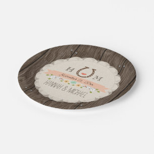 Coral Monogrammed Horseshoe Heart Wedding Paper Plate