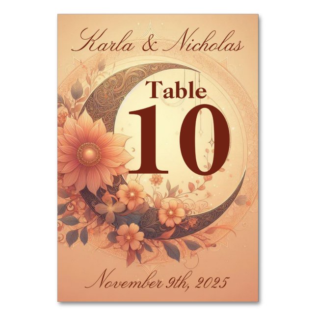 Coral Moonflower Wedding Table Number (Front)