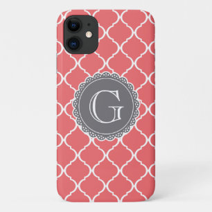 Coral Moroccan Lattice Pattern Grey Monogram iPhone 11 Case