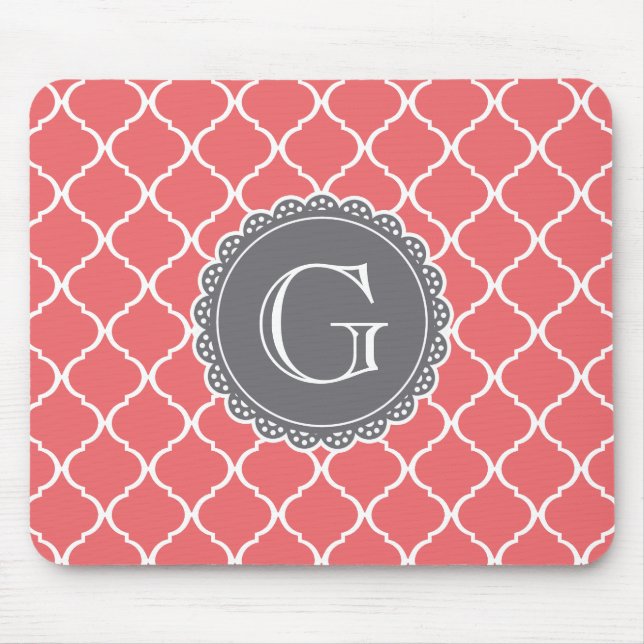 Coral Moroccan Lattice Pattern Grey Monogram Mouse Mat (Front)
