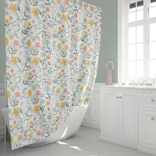 Coral Mustard Blue Botanical Garden Flower Shower Curtain