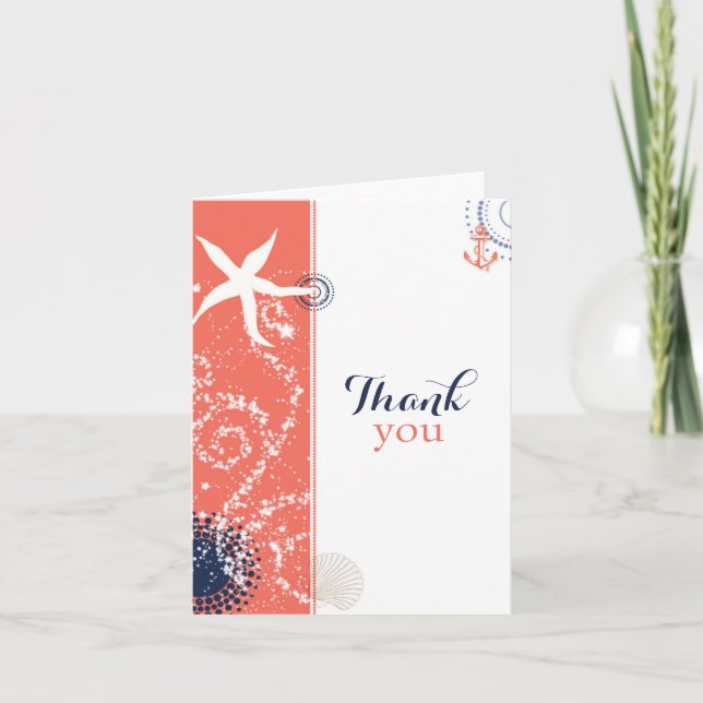 Coral n Navy Blue Nautical Wedding Thank You (Front)