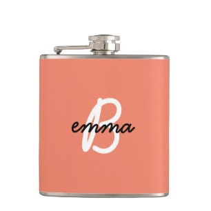 Coral Name Initial Modern Trendy Stylish Orange Hip Flask