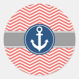 Coral Nautical Anchor Chevron Classic Round Sticker