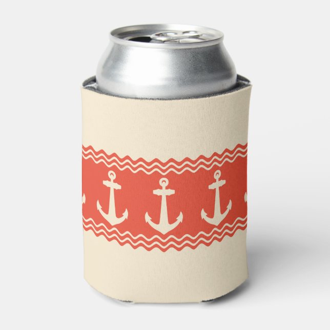 Coral Nautical Anchor Coastal Stripes Can Cooler (Can Front)
