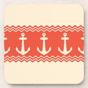Coral Nautical Anchor Coastal Stripes Coaster