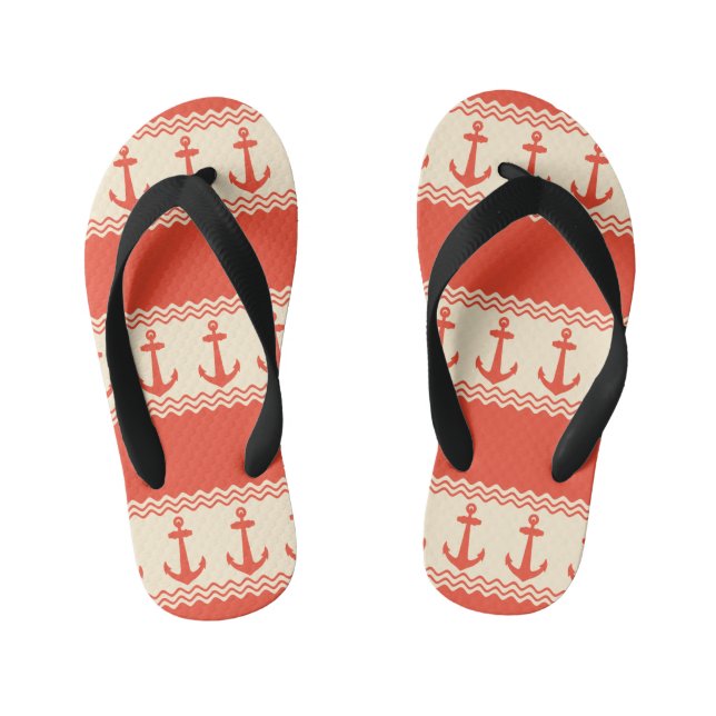 Coral Nautical Anchor Coastal Stripes Kid's Flip Flops (Footbed)