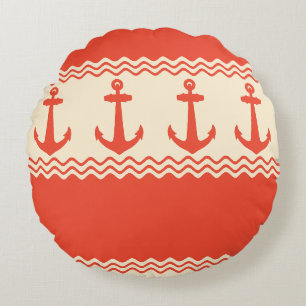 Coral Nautical Anchor Coastal Stripes Round Cushion