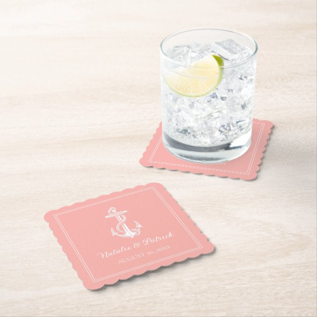 Coral Nautical Anchor Wedding Paper Coasters (Insitu)