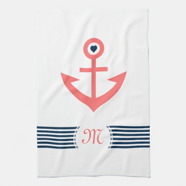 Coral Nautical Boat Anchor Decorative Blue Stripes Tea Towel (Vertical)