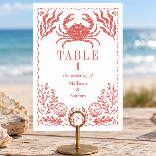 Coral Nautical Crab Shell Ocean Beach Wedding Table Number