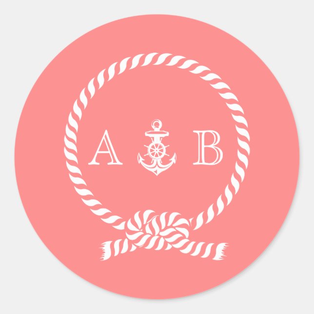 Coral Nautical Rope and Anchor Monogram Classic Round Sticker (Front)