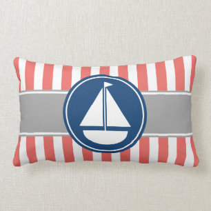 Coral Nautical Sailboat Stripes Lumbar Cushion