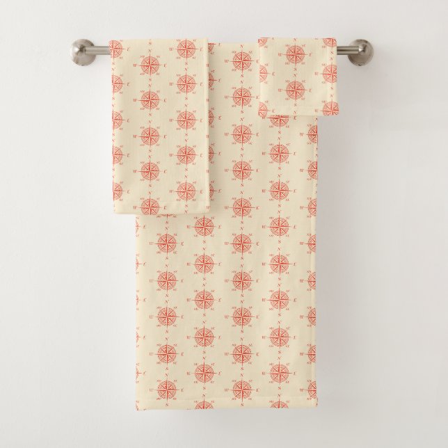 Coral Nautical Sailing Compass Bath Towel Set (Insitu)