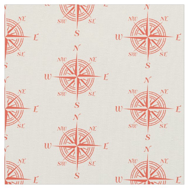 Coral Nautical Sailing Compass Fabric (Close Up)