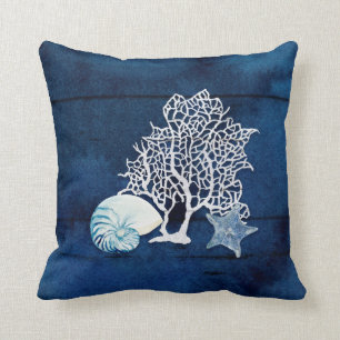 Coral Nautilus Starfish Seashell Beach House Navy Cushion