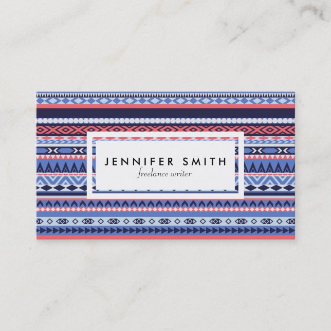 Coral, navy and blue pattern business card (Front)