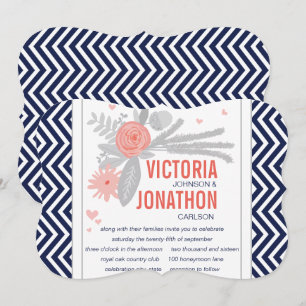 Coral Navy and Grey Zig Zag Romantic Wedding Invitation