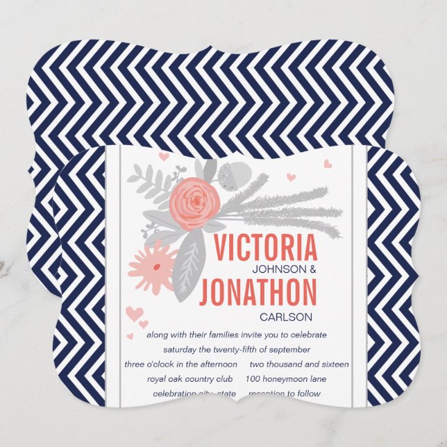 Coral Navy and Grey Zig Zag Romantic Wedding Invitation (Front/Back)