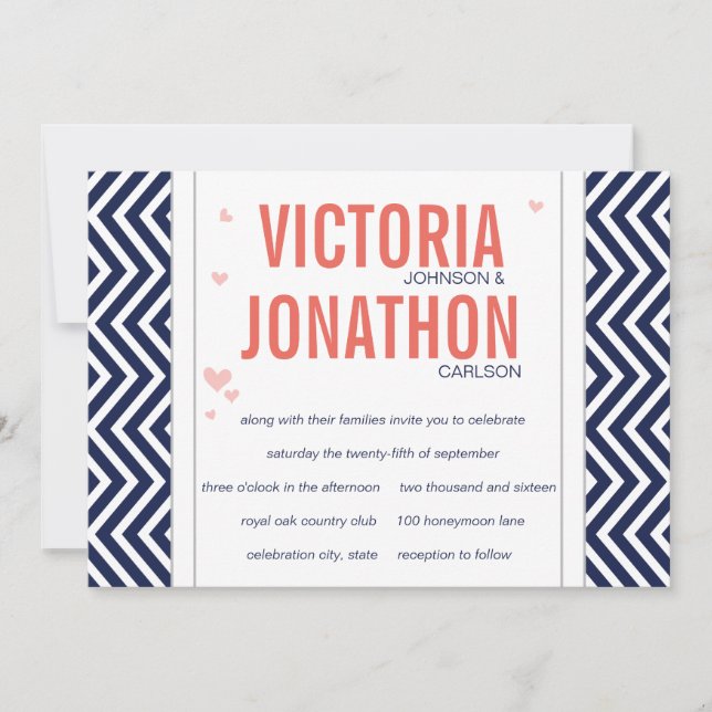 Coral Navy and Grey Zig Zag Typography Wedding Invitation (Front)