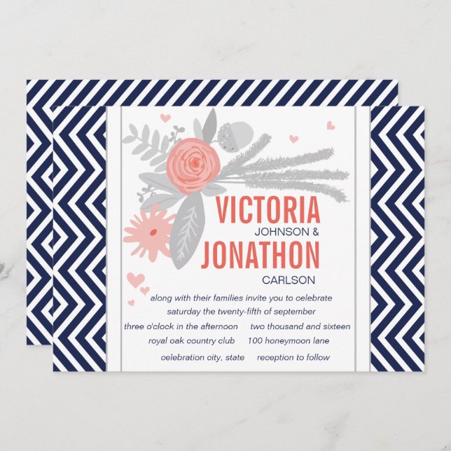Coral Navy and Grey Zig Zag Typography Wedding Invitation (Front/Back)