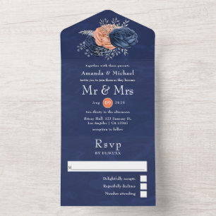 Coral, Navy and Silver Floral Wedding All In One I Invitation
