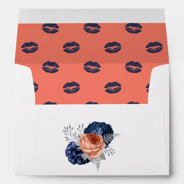 Coral, Navy and Silver Floral Wedding Envelope (Back (Bottom))