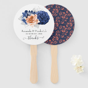 Coral, Navy and Silver Floral Wedding Hand Fan