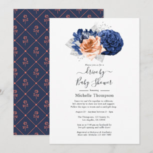 Coral, Navy and Silver Floral Wedding Invitation