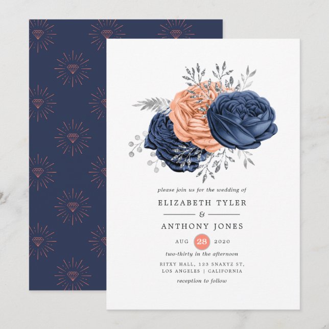 Coral, Navy and Silver Floral Wedding Invitation (Front/Back)