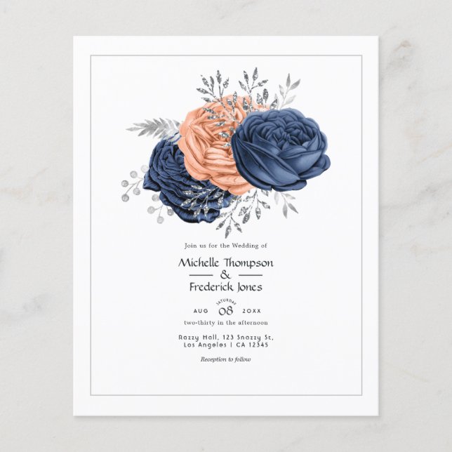 Coral, Navy and Silver Floral Wedding Invitation Flyer (Front)
