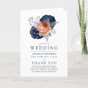 Coral, Navy and Silver Floral Wedding Programme
