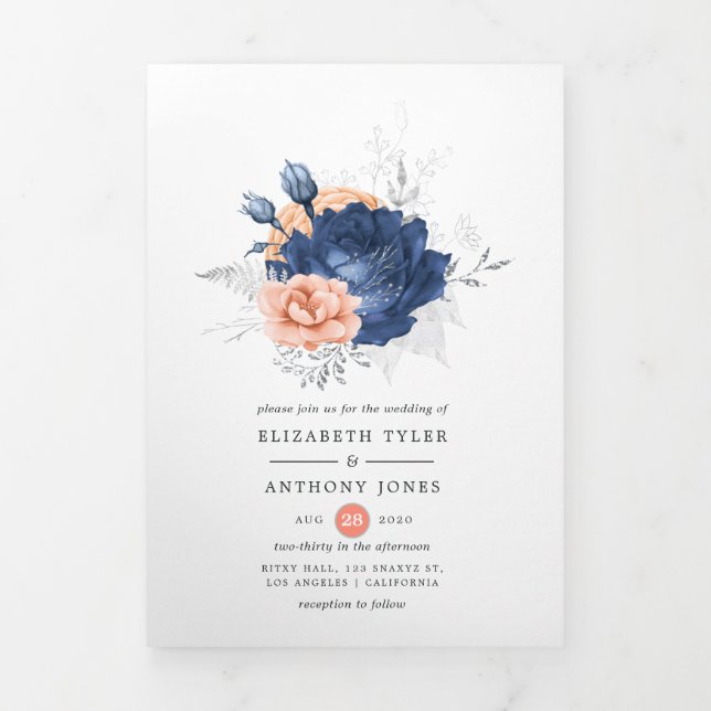 Coral, Navy and Silver Floral Wedding Tri-Fold Invitation (Cover)