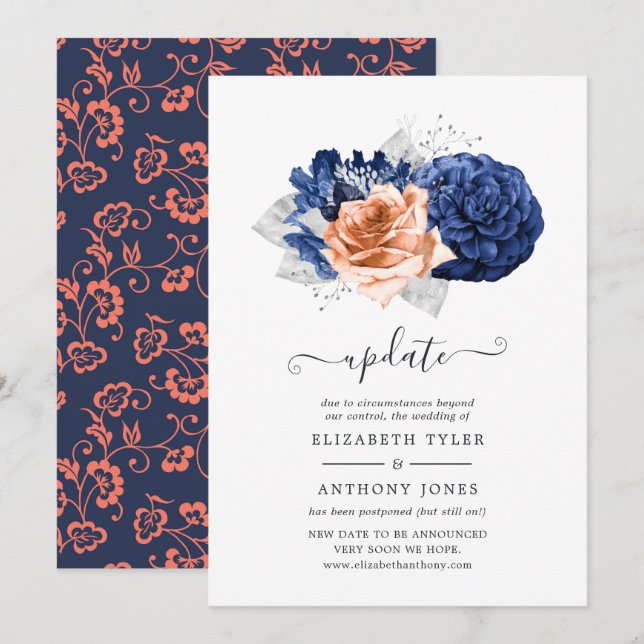 Coral, Navy and Silver Floral Wedding Update Invitation (Front/Back)