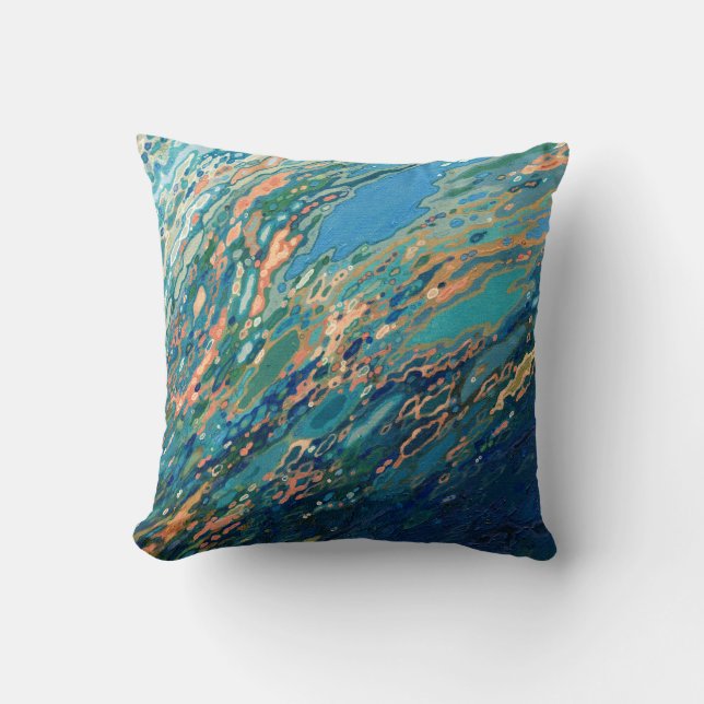 Coral Navy Blue and Gold Coastal Decor Pillow (Front)