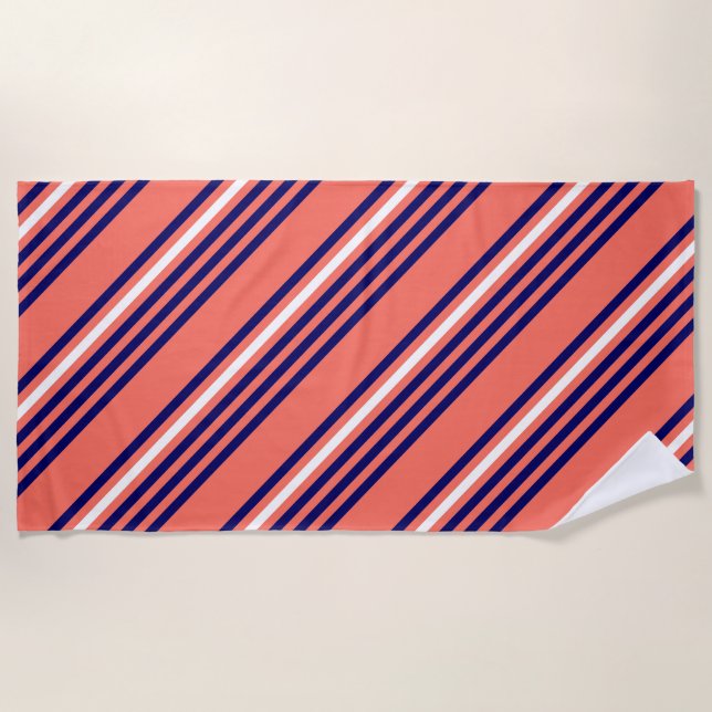 Coral, navy blue and white five stripes pattern beach towel (Front)