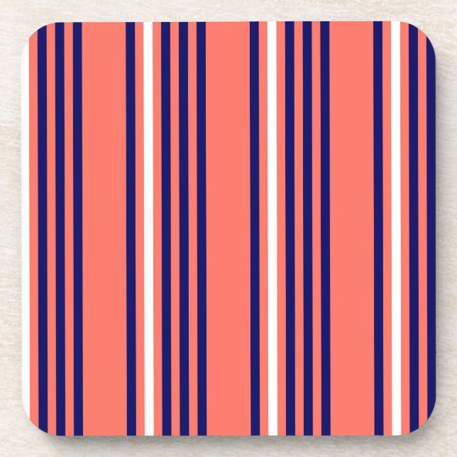 Coral, navy blue and white five stripes pattern coaster (Front)