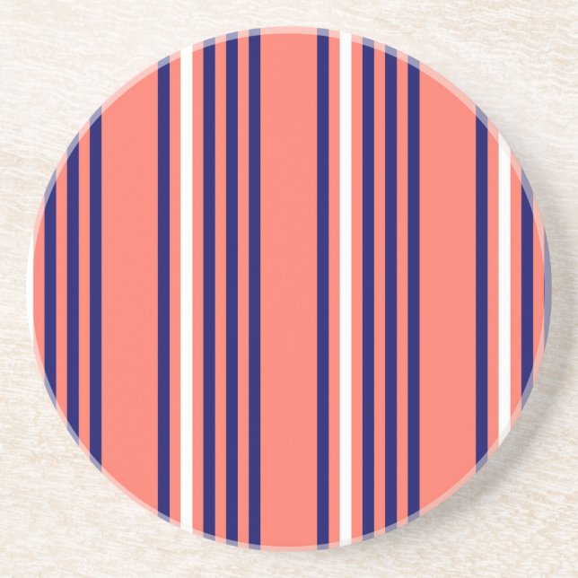 Coral, navy blue and white five stripes pattern coaster (Front)