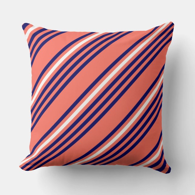 Coral, navy blue and white five stripes pattern cushion (Front)